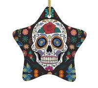 Ceramic Christmas Tree Hanging Ornaments - Star Shaped Double Sided Day of The Dead Print, Indoor & Outdoor Holiday Decor