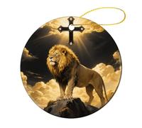 Ceramic Christmas Tree Ornaments - Black and Gold African Leo Lion King with Cross Round Decor Hanging Pendants, Winter Holiday Tree Hanging Decor with String, Xmas Gift Keepsake for Women & Men