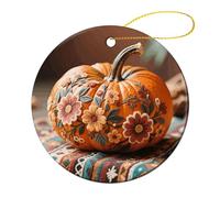 Ceramic Christmas Tree Ornaments - Fall Pumpkin Ethic Boho Floral Round Decor Hanging Pendants, Winter Holiday Tree Hanging Decor with String, Xmas Gift Keepsake for Women & Men
