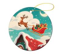 Ceramic Christmas Tree Ornaments - Flying Deer Round Decor Hanging Pendants, Winter Holiday Tree Hanging Decor with String, Xmas Gift Keepsake for Women & Men