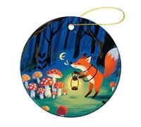 Ceramic Christmas Tree Ornaments - Fox at Night Round Decor Hanging Pendants, Winter Holiday Tree Hanging Decor with String, Xmas Gift Keepsake for Women & Men