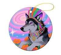 Ceramic Christmas Tree Ornaments - Hippie Wolf Round Decor Hanging Pendants, Winter Holiday Tree Hanging Decor with String, Xmas Gift Keepsake for Women & Men