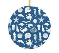 Ceramic Christmas Underwater Marine Life Print Ornaments 2025,Classic Round Hanging Ornaments,Christmas Tree Hanging Decorations