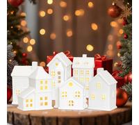 Ceramic Christmas Village House with Warm White LED Light, Rustic Farmhouse Tabletop Decor for Xmas Holiday Snow Scene Display, Porcelain Desktop Night Light Gift Idea (1 set 6pcs)