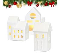 Ceramic Christmas Village Lighting Set,Decorative Houses with LED Lights,Indoor White Porcelain Snowy Town Scene Ornament,Winter Country Style Holiday Christmas Decor for Home (Set C)