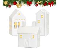 Ceramic Christmas Village Lighting Set,Decorative Houses with LED Lights,Indoor White Porcelain Snowy Town Scene Ornament,Winter Country Style Holiday Christmas Decor for Home (Set B)