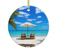 Ceramic Christmas White Beach Tropical Sea Print Ornaments 2025,Classic Round Hanging Ornaments,Christmas Tree Hanging Decorations