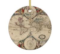 Ceramic Christmas World Map Retro Print Ornaments 2025,Classic Round Hanging Ornaments,Christmas Tree Hanging Decorations