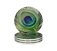 Ceramic Coasters for Drinks Heat Resistant Ceramic Coasters set of 4 Green Peacock Feather Coasters Desktop Protection Pad Coffee Cup Mat Tabletop Protection Mat for Home Decor