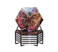 Ceramic Coasters for Drinks Hexagon Drink Coasters with Metal Holder Butterfly Flower Ceramic Coaster Set of 6 Drinks Cup Mat Cork Backing Stone Coasters for Tabletop Protection 4.1"