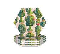 Ceramic Coasters for Drinks Hexagon Drink Coasters with Metal Holder Green Cactus Pattern Ceramic Coaster Set of 4 Tabletop Protection Mat for Home Decor