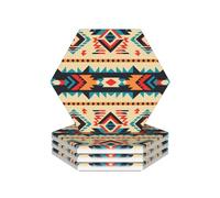 Ceramic Coasters for Drinks Hexagon Drink Coasters with Metal Holder Native American Ceramic Coaster Set of 4 Tabletop Protection Mat for Home Decor