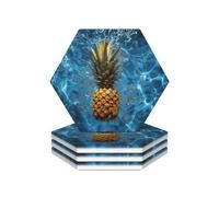 Ceramic Coasters for Drinks Hexagon Drink Coasters with Metal Holder Pineapple in the pool Ceramic Coaster Set of 4 Tabletop Protection Mat for Home Decor