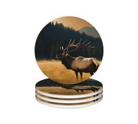 Ceramic Coasters for Drinks Round Shape Drink Coasters with Metal Holder Elk in the meadow Ceramic Coaster Set of 4 Tabletop Protection Mat for Home Decor