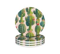 Ceramic Coasters for Drinks Round Shape Drink Coasters with Metal Holder Green Cactus Pattern Ceramic Coaster Set of 4 Tabletop Protection Mat for Home Decor