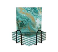 Ceramic Coasters for Drinks Set of 6 Square Drink Coasters with Metal Holder teal and gold marble Ceramic Coaster Tabletop Protection Mat for Home Decor