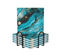 Ceramic Coasters for Drinks Set of 6 Square Drink Coasters with Metal Holder Turquoise Blue Gold Marble Ceramic Coaster Tabletop Protection Mat for Home Decor