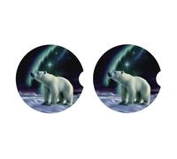 Ceramic Coasters for Drinks White Drink Coasters with Metal Holder Polar Bears Northern Lights Ceramic Coaster Set of 2 Tabletop Protection Mat for Home Decor