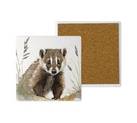 Ceramic Coasters - Handprinted 10x10cm Badger Countryside Critters Design - Popular Wildlife and Pets - Handmade in the UK - Gift for Animal Lovers