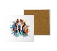Ceramic Coasters - Handprinted 10x10cm Basset Hound Dog Design - Popular Dog Breeds - Handmade in the UK - Gift for Dog Lovers