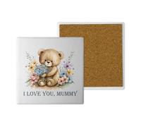 Ceramic Coasters - Handprinted 10x10cm Cute Teddy Bear Design - Mummy - Sentimental Handmade in the UK