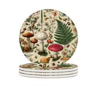 Ceramic Coasters Set of 4 Absorbent Stone Drink Coasters with Holder,Non-Slip Cork Backing,Colorful Mushrooms Coasters for Coffee Table,Desk & Home Decor