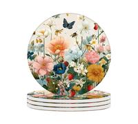 Ceramic Coasters Set of 4 Absorbent Stone Drink Coasters with Holder,Non-Slip Cork Backing,Colorful Flowers Coasters for Coffee Table,Desk & Home Decor