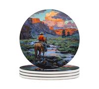 Ceramic Coasters Set of 4 Absorbent Stone Drink Coasters with Holder,Non-Slip Cork Backing,Cowboy And Horse Coasters for Coffee Table,Desk & Home Decor