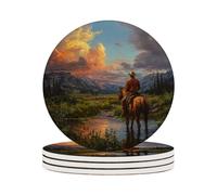 Ceramic Coasters Set of 4 Absorbent Stone Drink Coasters with Holder,Non-Slip Cork Backing,Landscape Cowboy Coasters for Coffee Table,Desk & Home Decor