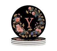 Ceramic Coasters Set of 4 Absorbent Stone Drink Coasters with Holder,Non-Slip Cork Backing,Letter Y Black Flowers Coasters for Coffee Table,Desk & Home Decor