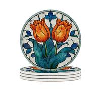 Ceramic Coasters Set of 4 Absorbent Stone Drink Coasters with Holder,Non-Slip Cork Backing,Orange Tulip Coasters for Coffee Table,Desk & Home Decor