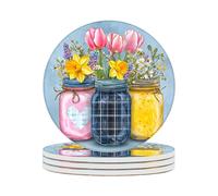 Ceramic Coasters Set of 4 Absorbent Stone Drink Coasters with Holder,Non-Slip Cork Backing,Pink Tulip Coasters for Coffee Table,Desk & Home Decor