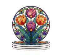 Ceramic Coasters Set of 4 Absorbent Stone Drink Coasters with Holder,Non-Slip Cork Backing,Tulip Coasters for Coffee Table,Desk & Home Decor