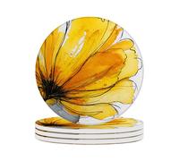 Ceramic Coasters Set of 4 Absorbent Stone Drink Coasters with Holder,Non-Slip Cork Backing,Yellow Flower Coasters for Coffee Table,Desk & Home Decor