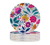 Ceramic Coasters Set of 6 Absorbent Stone Drink Coasters with Holder,Non-Slip Cork Backing,Colorful Flowers Coasters for Coffee Table,Desk & Home Decor