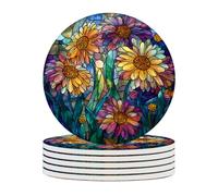 Ceramic Coasters Set of 6 Absorbent Stone Drink Coasters with Holder,Non-Slip Cork Backing,Colorful Flowers Coasters for Coffee Table,Desk & Home Decor