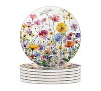 Ceramic Coasters Set of 6 Absorbent Stone Drink Coasters with Holder,Non-Slip Cork Backing,Colorful Flowers Coasters for Coffee Table,Desk & Home Decor