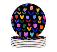 Ceramic Coasters Set of 6 Absorbent Stone Drink Coasters with Holder,Non-Slip Cork Backing,Colorful Tulips Coasters for Coffee Table,Desk & Home Decor