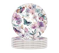 Ceramic Coasters Set of 6 Absorbent Stone Drink Coasters with Holder,Non-Slip Cork Backing,Colorful Butterfly Coasters for Coffee Table,Desk & Home Decor