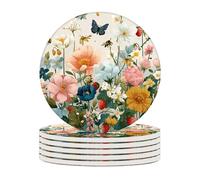 Ceramic Coasters Set of 6 Absorbent Stone Drink Coasters with Holder,Non-Slip Cork Backing,Colorful Flowers Coasters for Coffee Table,Desk & Home Decor