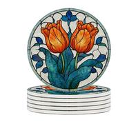 Ceramic Coasters Set of 6 Absorbent Stone Drink Coasters with Holder,Non-Slip Cork Backing,Orange Tulip Coasters for Coffee Table,Desk & Home Decor