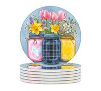 Ceramic Coasters Set of 6 Absorbent Stone Drink Coasters with Holder,Non-Slip Cork Backing,Pink Tulip Coasters for Coffee Table,Desk & Home Decor