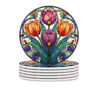 Ceramic Coasters Set of 6 Absorbent Stone Drink Coasters with Holder,Non-Slip Cork Backing,Tulip Coasters for Coffee Table,Desk & Home Decor