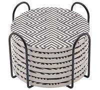 Ceramic Coasters Set of 8, GOH DODD Absorbent Coasters for Drinks Tabletop Protection Home Decor with Metal Holder for Coffee Table Housewarming Gifts Wedding Party, Black and White, Round, 4 Inch