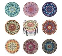 Ceramic Coasters Set of 8, Mandala Coasters for Drinks, Absorbent Drink Coaster Set with Non-slip Cork Base & Holder for Coffee Table Kitchen Dining Room Decoration, Round, 4 Inch