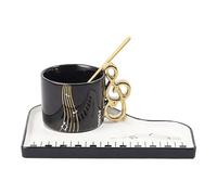 Ceramic Coffee Cup: Coffee Cups with Note Handle, Cup Piano, Cappuccino Cups with Saucer and Spoon, Musician Gifts, Coffee Cup for Music Lovers Easter Valentine's Day Birthday (Black)