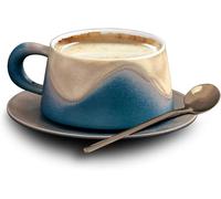 Ceramic Coffee Cups with Plate and Spoon, 240ML Stoneware Coffee Cups Set, Exquisite Coffee Mug for Home, Retro Gradient Latte Mug for Office and Home