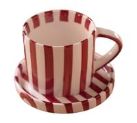 Ceramic Coffee Mug, 200ml Red Striped Vintage Coffee Mugs with Handle & Saucer for Home Office Tea Drinks Water