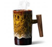 Ceramic Coffee Mug, 220ml Japanese-Style Vintage Coffee Mugs with Wooden Handle for Home Office for Tea Drinks Water, Yellow, Figürchen