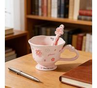 Ceramic Coffee Mug,Cherry Blossom Stem Coffee Mug with Spoon,Flower Mugs with Handle,Mothers Day Gift Mum Flowers Hand Print Gifts for Grandma Nana, Ceramic Coffee Cup (Pink)